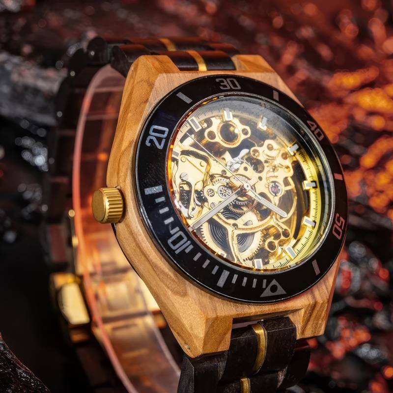 Herren Automatik Holzuhr Skelett – Goldwald Herren Automatik Holzuhr Skelett – Goldwald