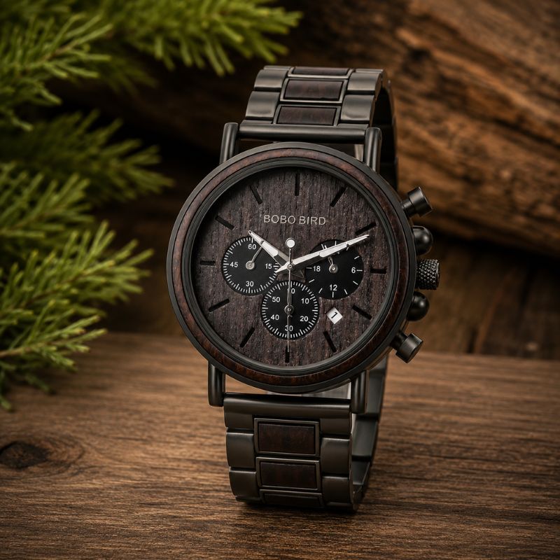 Herren Holzuhr Chronograph aus Ebenholz – Nachtschwarz Herren Holzuhr Chronograph aus Ebenholz – Nachtschwarz