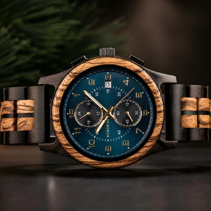 Herren Holzuhr Chronograph aus Ebenholz & Zebranoholz – Nachtwald Herren Holzuhr Chronograph aus Ebenholz & Zebranoholz – Nachtwald
