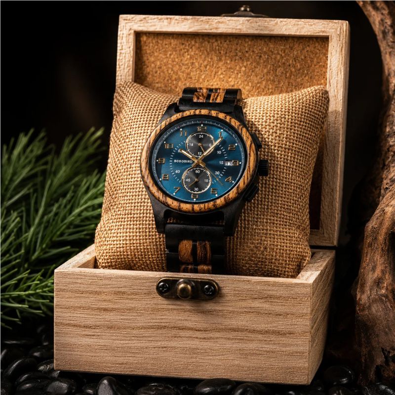 Herren Holzuhr Chronograph aus Ebenholz & Zebranoholz – Nachtwald Herren Holzuhr Chronograph aus Ebenholz & Zebranoholz – Nachtwald – Bild 7