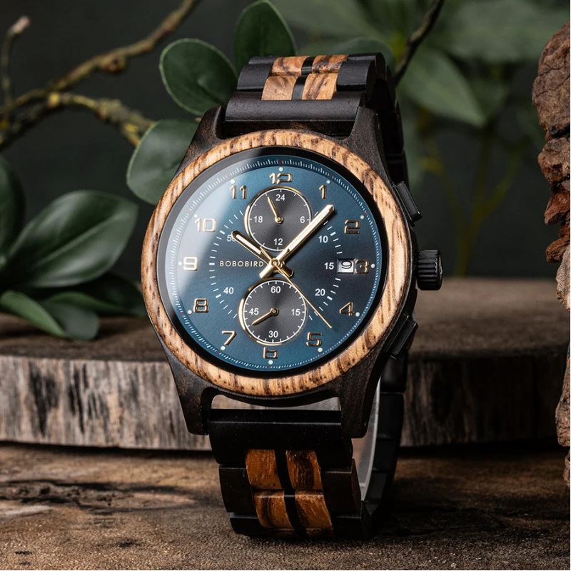 Herren Holzuhr Chronograph aus Ebenholz & Zebranoholz – Nachtwald Herren Holzuhr Chronograph aus Ebenholz & Zebranoholz – Nachtwald