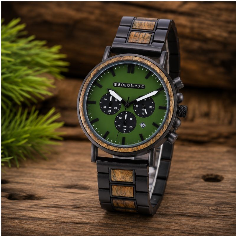 Herren Holzuhr Chronograph aus grünem Sandelholz – Waldgrün Herren Holzuhr Chronograph aus grünem Sandelholz – Waldgrün