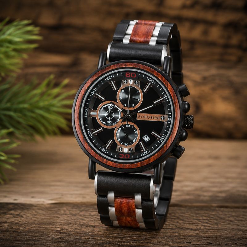 Herren Holzuhr Chronograph aus Holz & Edelstahl – Feuerwald Herren Holzuhr Chronograph aus Holz & Edelstahl – Feuerwald