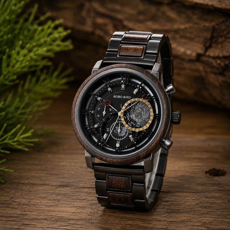 Herren Holzuhr Chronograph mit Holzarmband – Sternwerk Herren Holzuhr Chronograph mit Holzarmband – Sternwerk