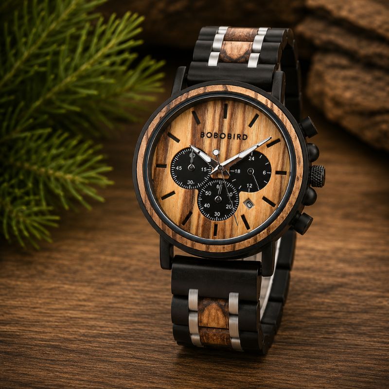 Herren Holzuhr Chronograph aus Zebraholz – Savannenholz Herren Holzuhr Chronograph aus Zebraholz – Savannenholz