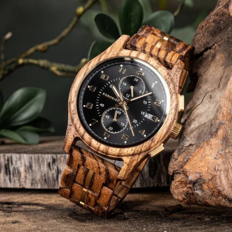 Herren Holzuhr Chronograph aus Zebranoholz – Dunkelwald Herren Holzuhr Chronograph aus Zebranoholz – Dunkelwald
