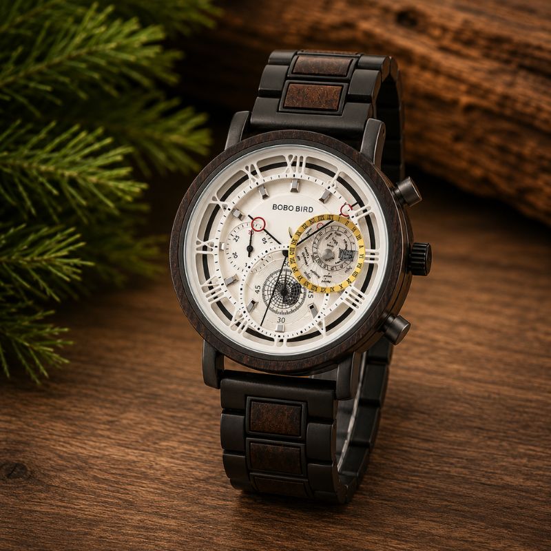 Herren Holzuhr mit Chronograph – Elfenbeinwerk Herren Holzuhr mit Chronograph – Elfenbeinwerk