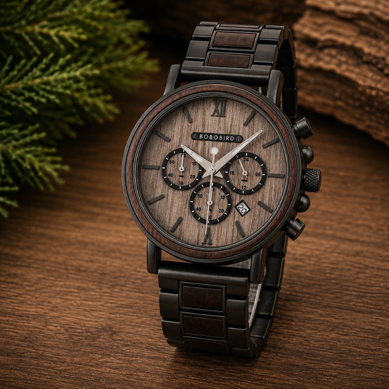 Herren Holzuhr mit Chronograph – Rauchholz Herren Holzuhr mit Chronograph – Rauchholz