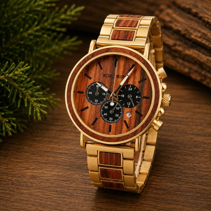Herren Holzuhr mit Chronograph – Roségold