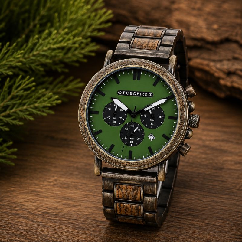 Herren Holzuhr mit Chronograph – Waldgrün Herren Holzuhr mit Chronograph – Waldgrün