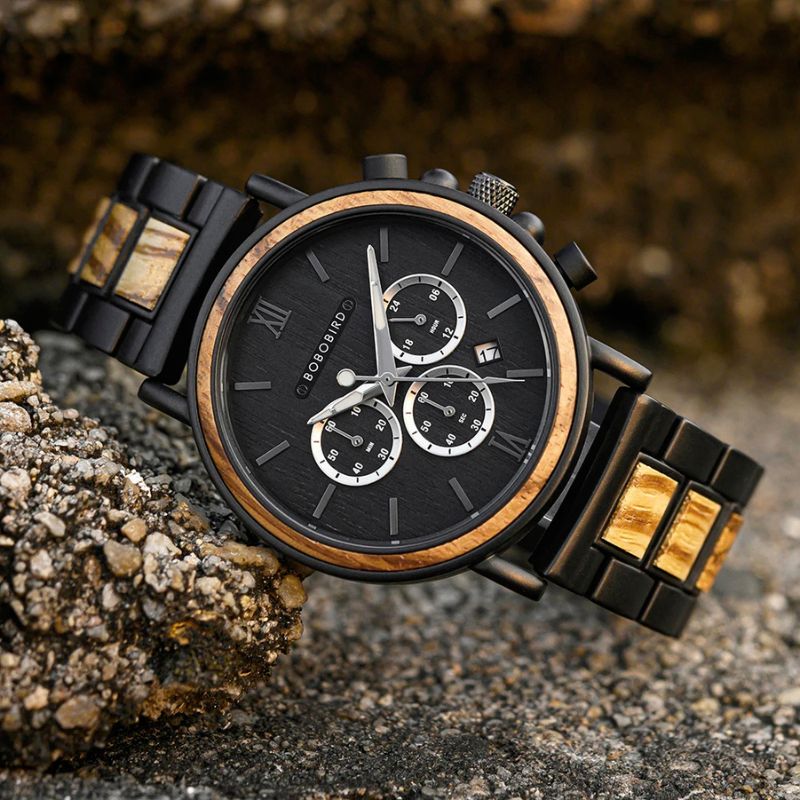 Herren Holzuhr mit Chronograph – Zebranacht