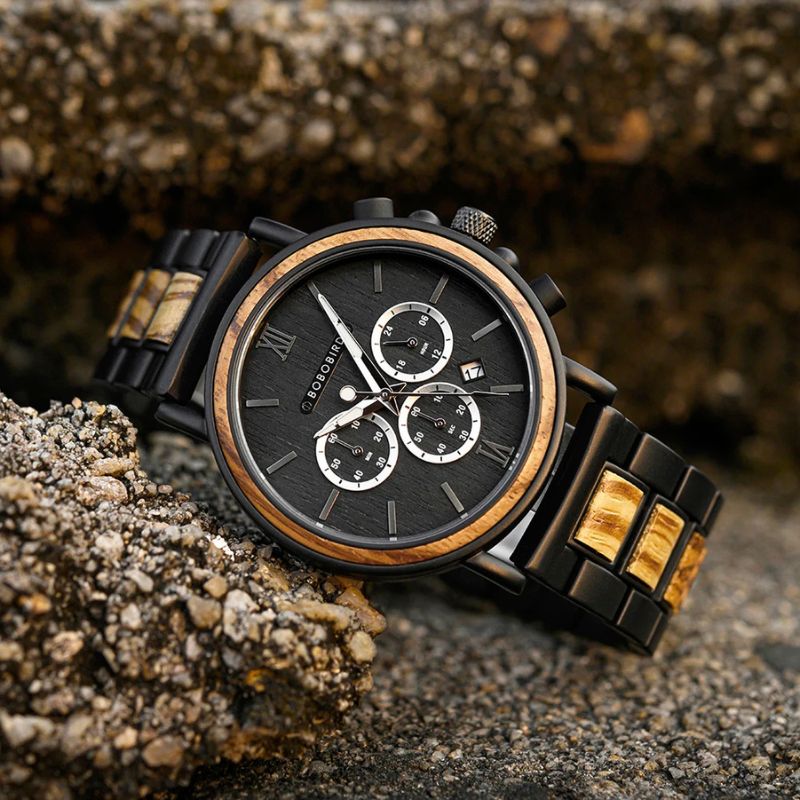 Herren Holzuhr mit Chronograph – Zebranacht