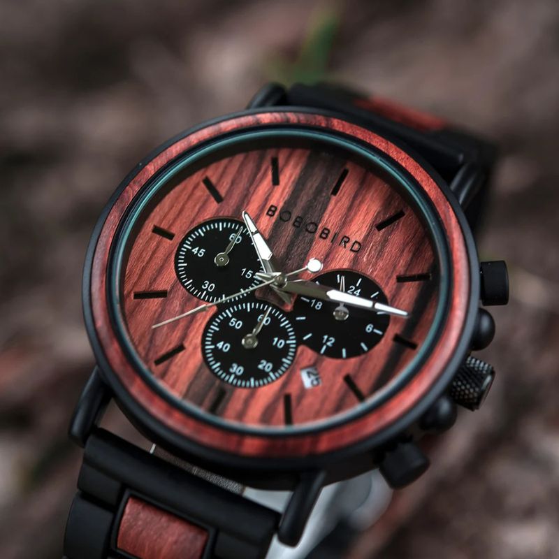 Herren Holzuhr aus Rosenholz – Glutrot Chronograph Herren Holzuhr aus Rosenholz – Glutrot Chronograph