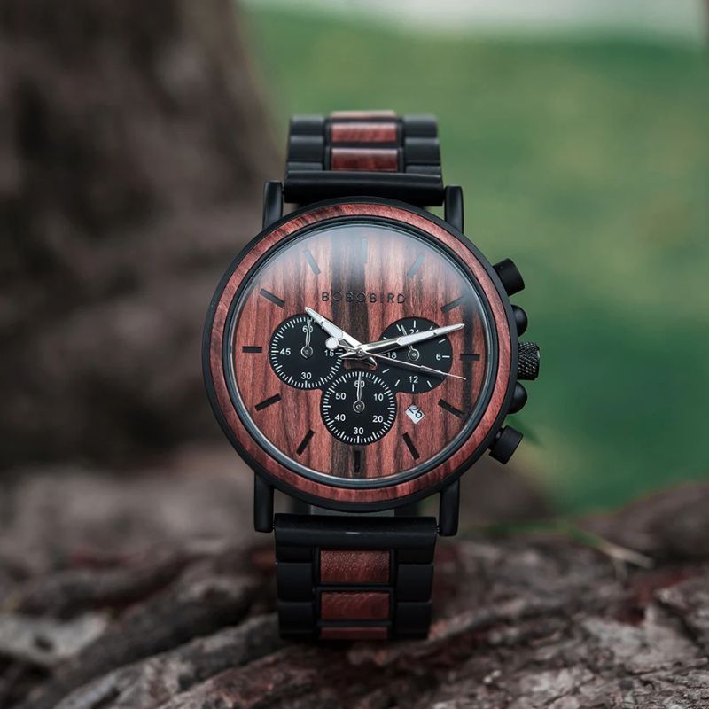 Herren Holzuhr aus Rosenholz – Glutrot Chronograph Herren Holzuhr aus Rosenholz – Glutrot Chronograph
