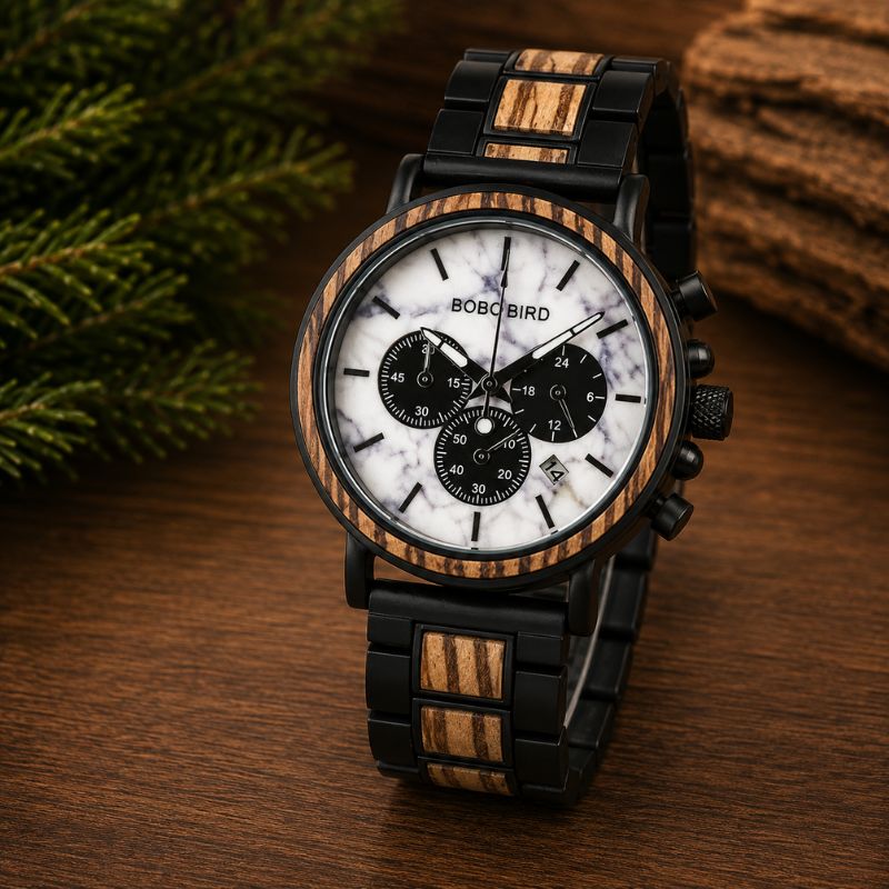 Herren Holzuhr aus Zebraholz – Marble White Chronograph