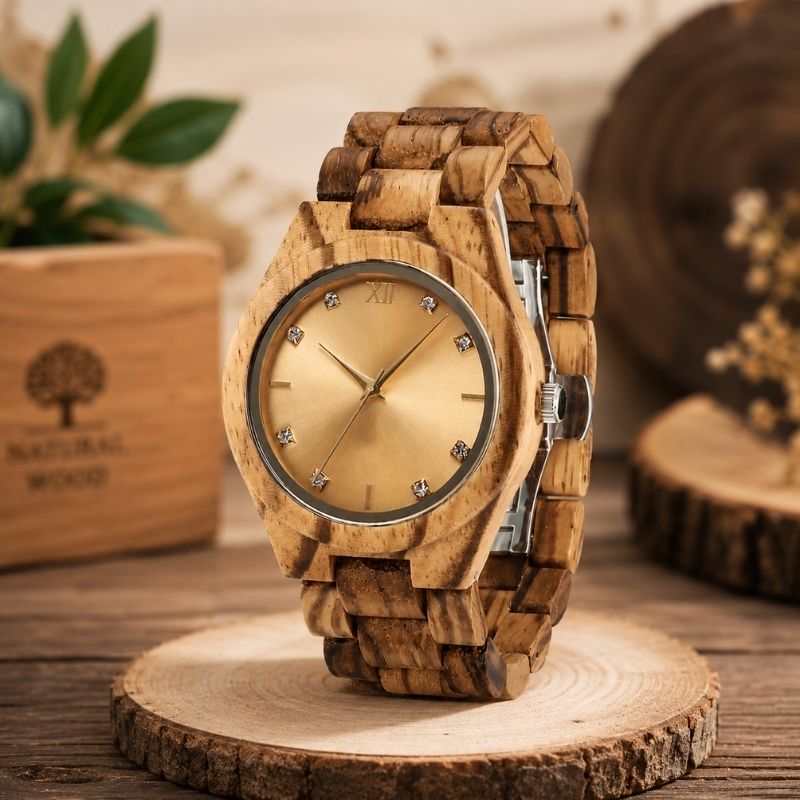 Damen Holzuhr Natur – Goldene Eleganz Damen Holzuhr Natur – Goldene Eleganz