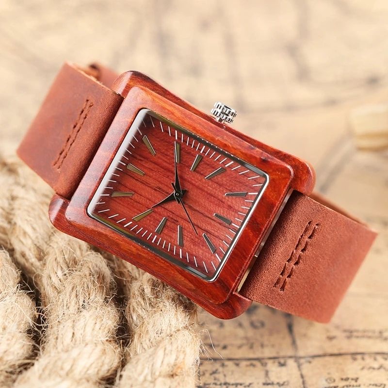 Holzuhr mit Lederarmband – Mahagoni Feuer Holzuhr mit Lederarmband – Mahagoni Feuer – Bild 2