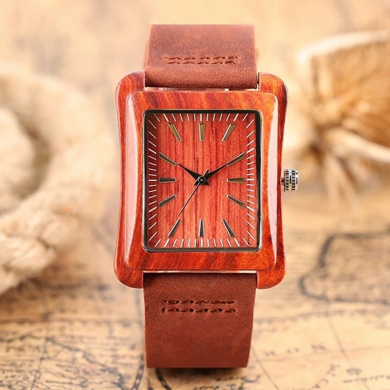 Holzuhr mit Lederarmband – Mahagoni Feuer