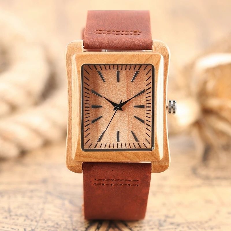Holzuhr mit Lederarmband – Rechteck Klassik